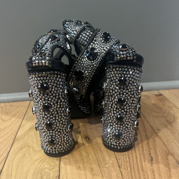 Azalea Wang Silver Bayou Black Embellished Platform Ankle Strap Sandals Size 6 - Picture 3 of 8